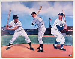 "Willie, Mickey & The Duke" New York Centerfielder Multi-Signed Art Print with Uniform Number Inscriptions - Full JSA LOA