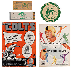1950 Baltimore Colts First NFL Season Collection (5) with Season Ticket Booklet Containing (3) Full Tickets