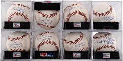 Hall of Fame Single-Signed Baseball Group (8) All with "HOF" Inscriptions & PSA/DNA Graded
