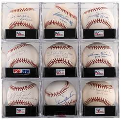 Hall of Fame Single-Signed Baseball Collection with Career Highlight Inscriptions (9) - All PSA/DNA Graded