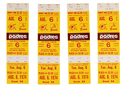 August 6, 1974 Hank Aaron's Final Multi-Home Run Game Unused Full Tickets (4) - Sharp!