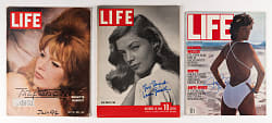 1930s-1990s Entertainers & Actors Signed Life Magazines (40) with Many Leading Ladies Including Bardot, Welch, Bacall, Gabor & Loren - Loaded!