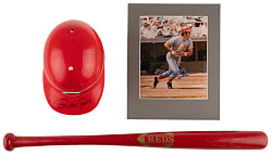 Pete Rose Trio with Signed Photo, Signed Helmet & Commemorative Cincinnati Reds Bat