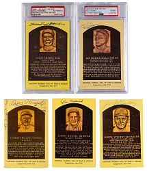 Signed Yellow Hall of Fame Postcards (5) with Tough Dizzy Dean & Casey Stengel Twice-Signed - Each Individually Certified