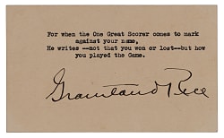 Grantland Rice Boldly Signed Index Card with Typewritten Famous Quotation