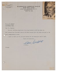 Clark Griffith 1948 "Most Thrilling Experience" Signed Letter with 1924 World Series Content with Full JSA LOA