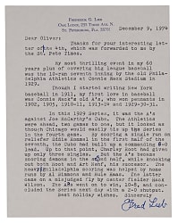 Fred Lieb 1974 "Most Thrilling Experience Typed Letter Signed - Covering 1929 World Series
