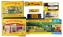 1950s-1960s Matchbox A, G and M Series Collection (16) in Original Factory Boxes with MF-1 Fire Station, MG-1 Service Station & M-9 Inter-State Double Freighter