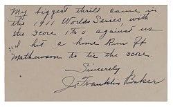 J. Franklin Baker "Most Thrilling Experience" Handwritten and Signed Index Card - 1911 World Series Home Run Off Mathewson - JSA