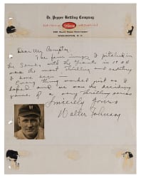 Walter Johnson Handwritten and Signed "Most Thrilling Experience" on Dr. Pepper Bottling Company Letterhead - 1924 World Series - Full JSA LOA
