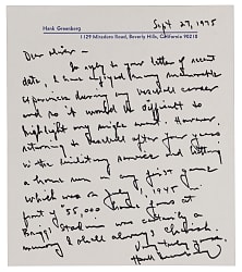 1975 Hank Greenberg Handwritten and Signed "Most Thrilling Experience" Letter - Home Run in First Game Back from Military - JSA