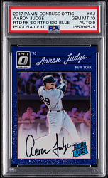 2017 Panini Donruss Optic Rated Rookie 1990 Retro Signatures Aaron Judge Blue #/5 PSA GEM MINT 10 with Auto 9 - Population 1