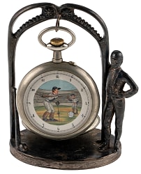 Circa 1900s Doxa German Silver Pocket Watch with Custom Painted Baseball Scene & Baseball Figural Stand