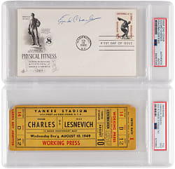 Ezzard Charles PSA Graded Pair with Signed First Day Cover & 1949 Lesnevich Heavyweight Championship Bout Full Ticket