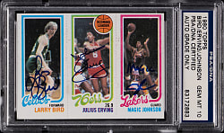 1980-1981 Topps Basketball Larry Bird Rookie/Julius Erving Leader/Magic Johnson Rookie Triple-Signed PSA/DNA GEM MINT 10 Auto Grade