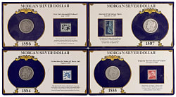 1881-1901 Morgan Silver Dollars (13) with Coin Keychain & (4) Carded with Postage Stamps