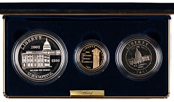 2001 U.S. Capitol Visitor Center Commemorative Proof Coin Set (3) with $5 Gold Coin in Presentation Case.