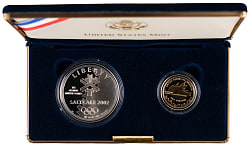 2002 Olympic Winter Games Commemorative Proof Coin Set (2) with $5 Gold Coin in Presentation case
