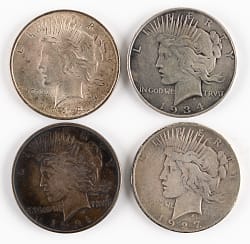 1921-1934 Peace Silver Dollars (4) with 1921