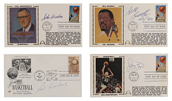 Basketball Hall of Fame Signed First Day Cover Collection (12) with Red Auerbach, Bill Russell, Larry Bird & John Wooden