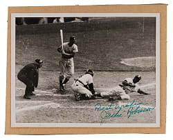 Jackie Robinson Signed 1955 World Series Game 1 Stealing Home Photograph - Full JSA LOA