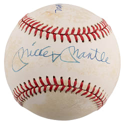 Hank Aaron, Mickey Mantle & Willie Mays Triple-Signed OAL/Brown Baseball - Full JSA LOA