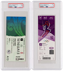 2008-2012 Usain Bolt PSA Graded Olympic Gold Medal Ticket Pair with Highest Graded Olympic Gold #1!