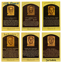 Yellow Hall of Fame Plaque Postcard Signed Collection (35) with Joe DiMaggio & Satchel Paige