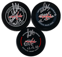 Alex Ovechkin "The Gr8 Chase" Signed & Inscribed Puck Trio with 600, 700 & 800 Inscriptions - All Fanatics