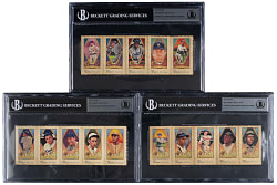 2015 Helmar Art Stamps Uncut Strips BGS Trio with (3) Gehrig, (2) Ruth, J. Gibson & Mantle