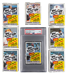 1985 Topps Baseball Unopened Cello Packs (10) with Mostly Hall of Famers & Stars Showing Including PSA MINT 9 Puckett Rookie on Top!