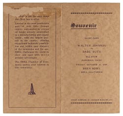 1924 Walter Johnson vs. Babe Ruth All-Star Baseball Game Souvenir Score Card  - Extremely Scarce