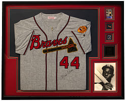 Hank Aaron Framed Display with Signed Mitchell & Ness 1957 Milwaukee Braves Jersey with Steiner COA & 2005 Donruss Greats Certified Autograph Card