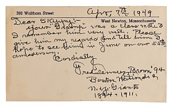 1949 Fred Tenney Signed Correspondence Card with "Boston Nationals & NY Giants, 1894-1911" Inscription - Full JSA LOA