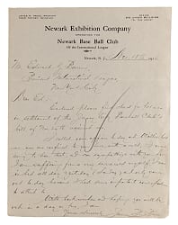 1916 Newark Baseball Club Pres. James Price Signed Letter to International League Pres. Ed Barrow on Letterhead