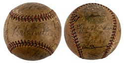 Lot # 11: 1933 New York Yankees Team-Signed OAL/Harridge Baseball with (23) Signatures Including Babe Ruth & Lou Gehrig - Full JSA LOA