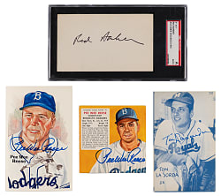 Signed Brooklyn Dodgers Card & Index Card Group (4) with (2) Reese, Barber & Lasorda Canadian Exhibits Rookie