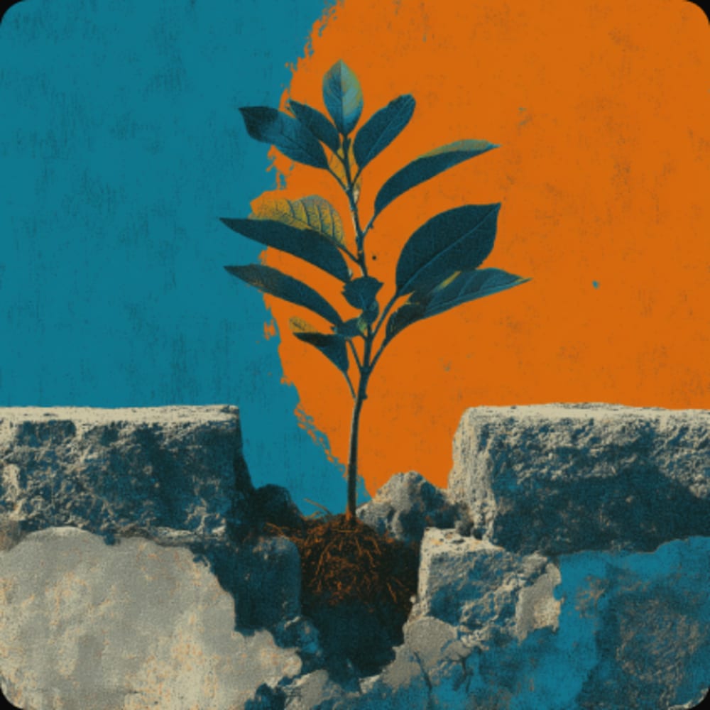 Surreal botanical collage of a growing plant across stone forms, from Humble Good’s Midjourney artwork.