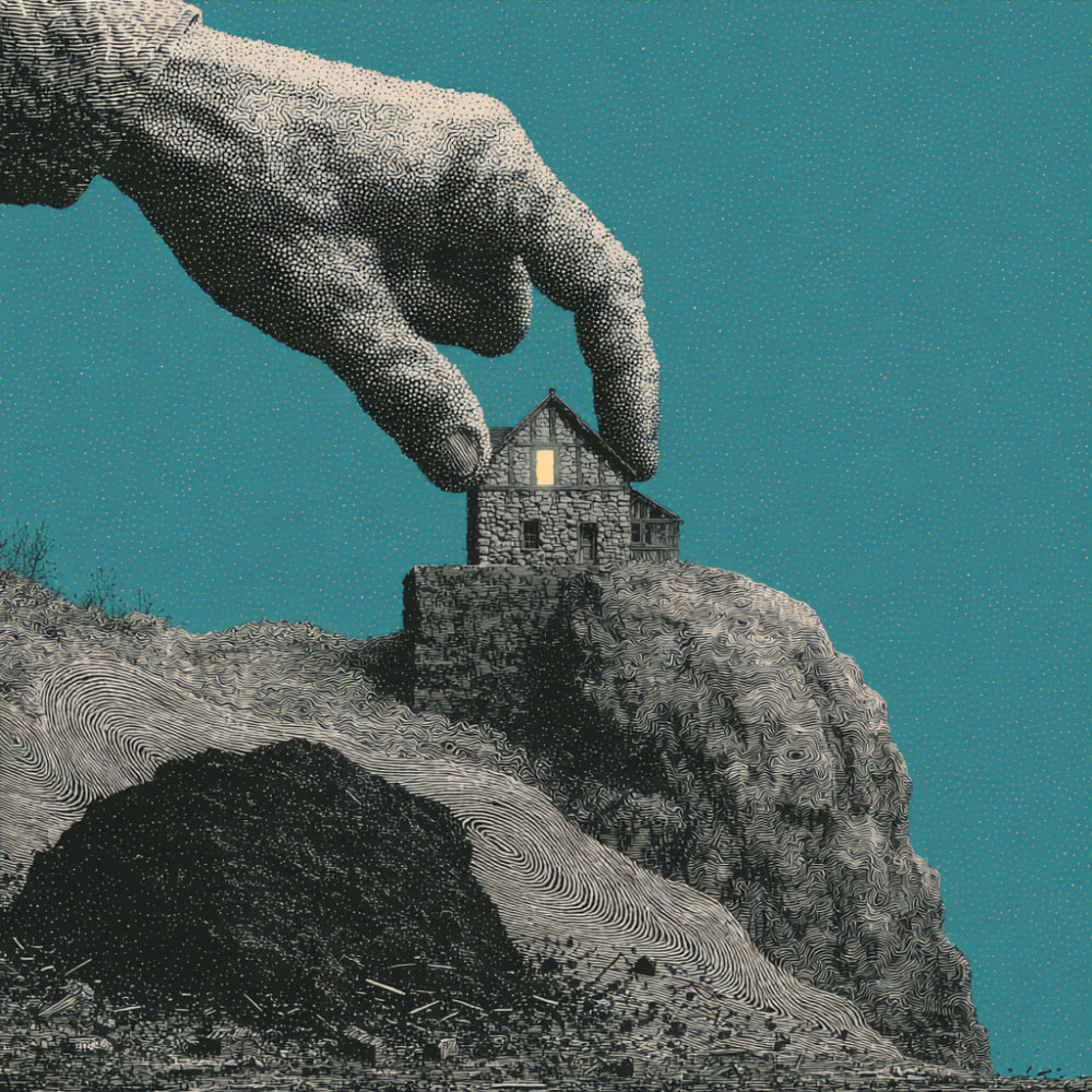 Engraved collage of a hand placing a small home on a rocky landscape, from Humble Good’s Midjourney artwork.