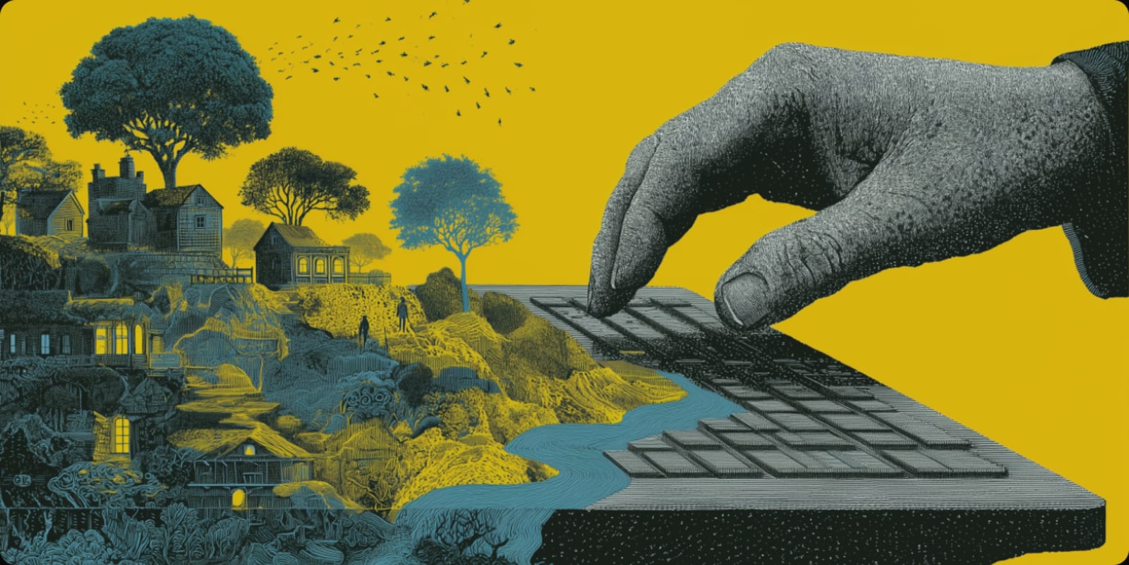 Surreal engraved collage of a hand at a keyboard connecting a hillside community. Midjourney artwork from Humble Good.