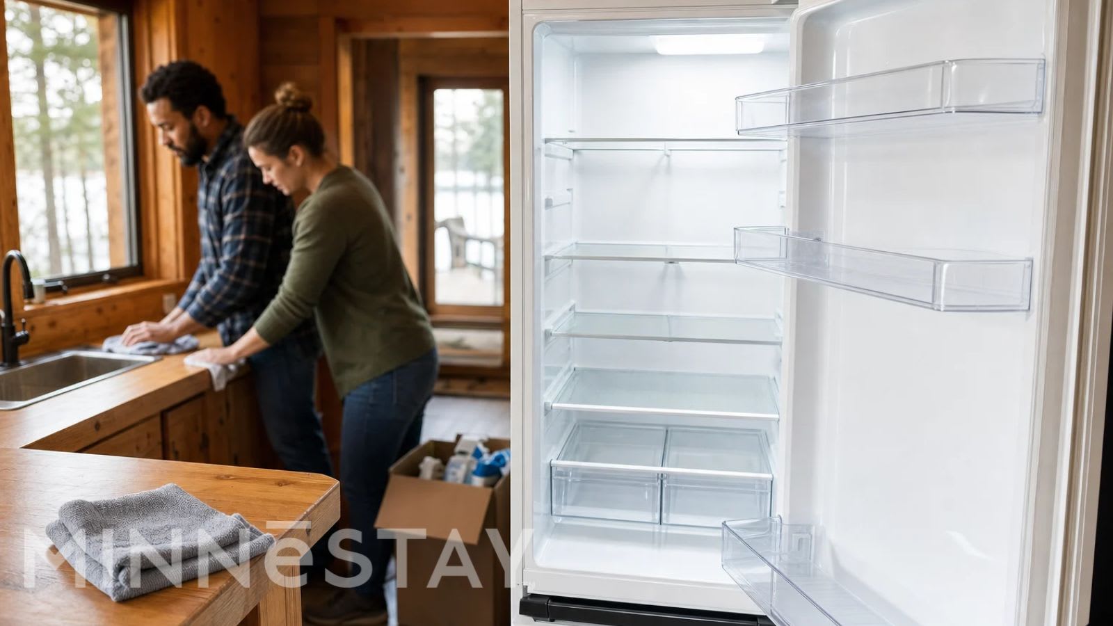 Emptying out a refrigerator at a cabin preparing for winterization