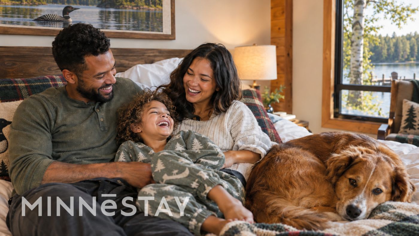 Family in bed with their fur baby curled up at the feet of the bed with them at a MINNeSTAY vacation Rental