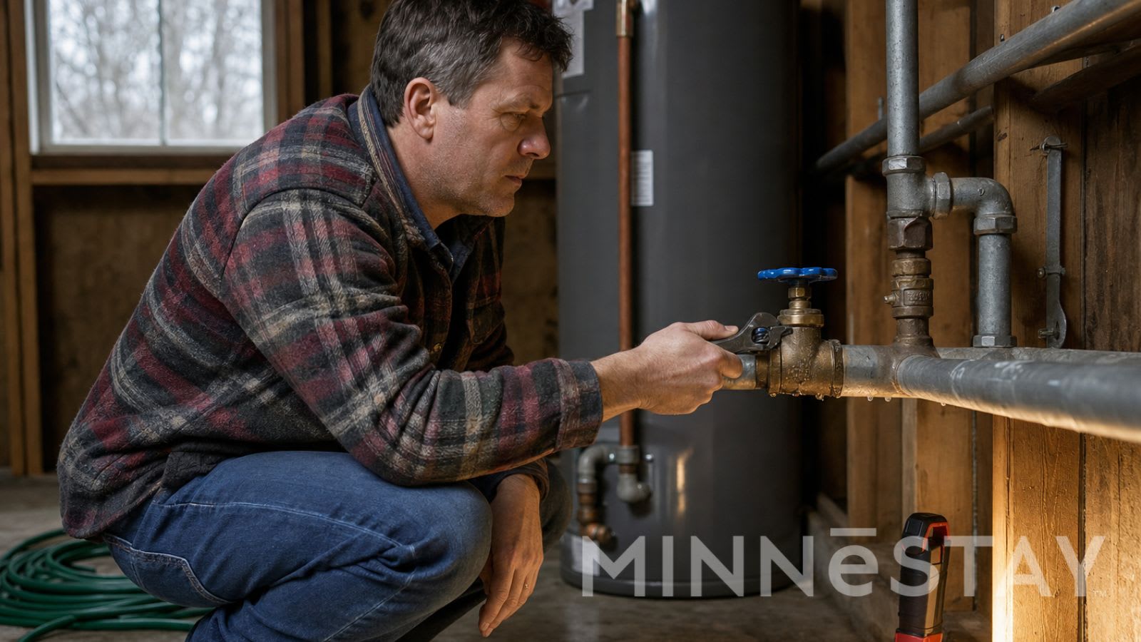 Person turning off the water to ensure that the lines do not freeze during a Minnesota Winter