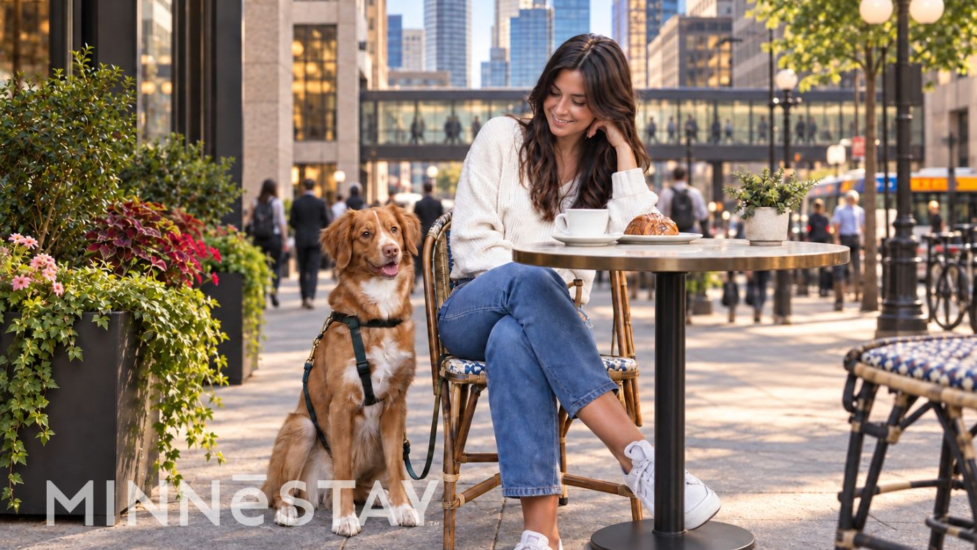 Dog at a bistro table outside in Minneapolis.