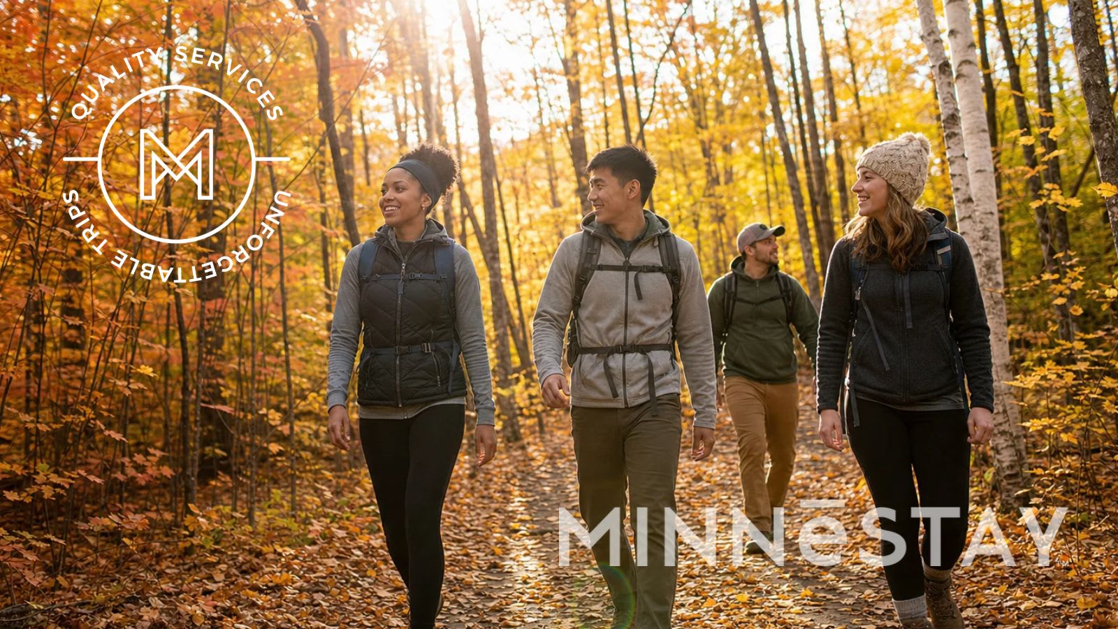 Forest with autumn leaves and friends walking through the woods on a fall day enjoying the colors