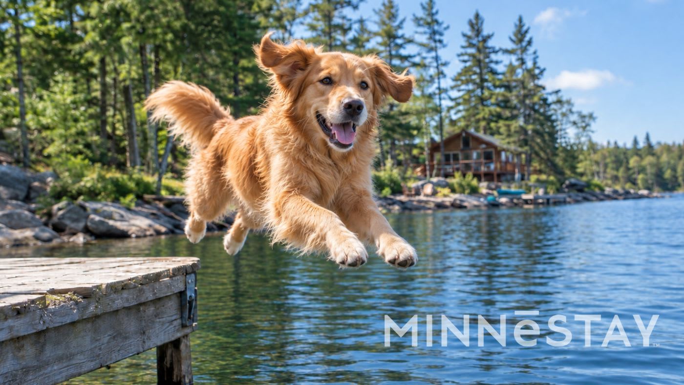 Golden retriever jumping off a dock into a Minnesota Lake
