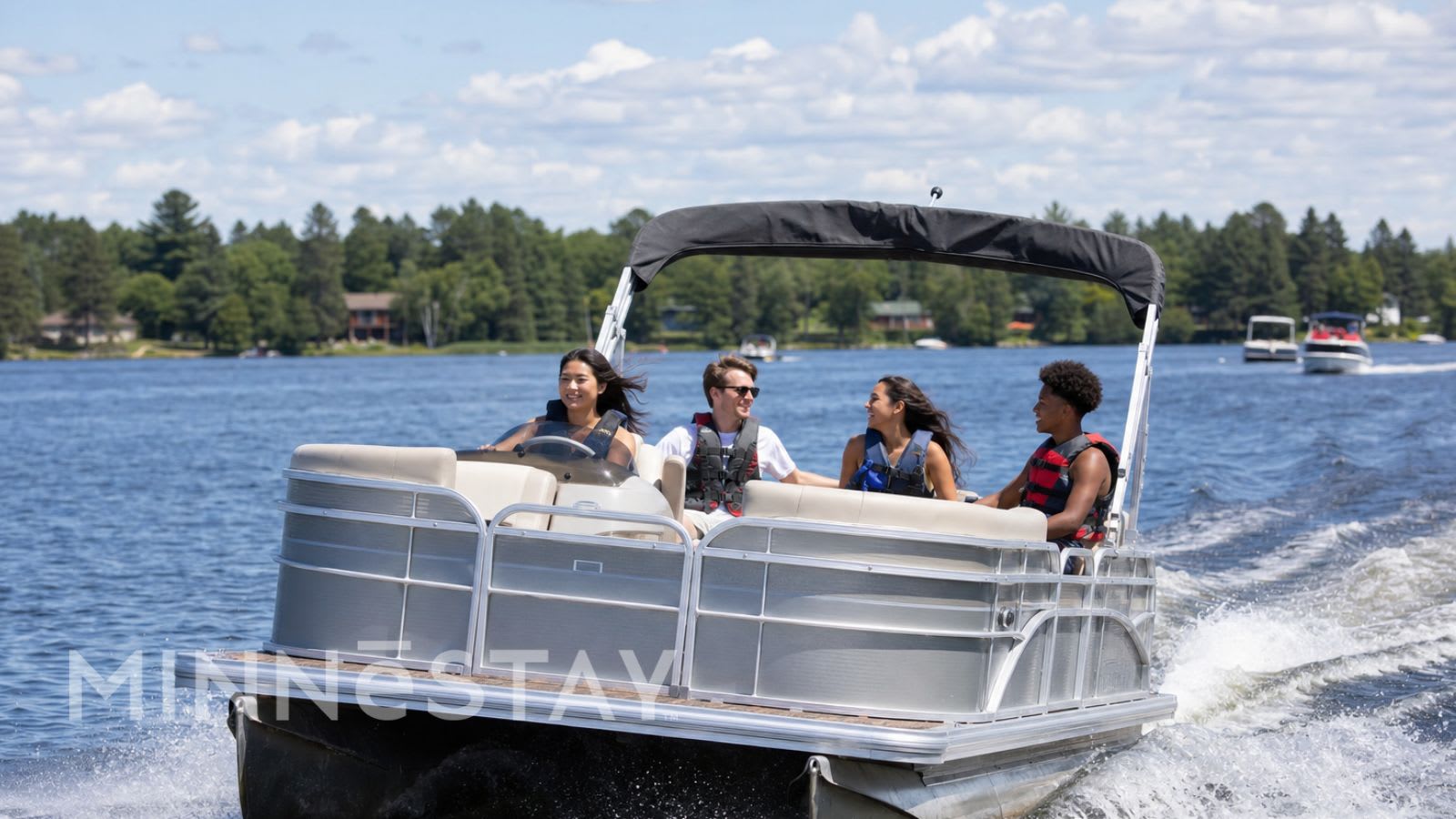 Group of friends boating on one of the 20 largest lakes in Minnesota