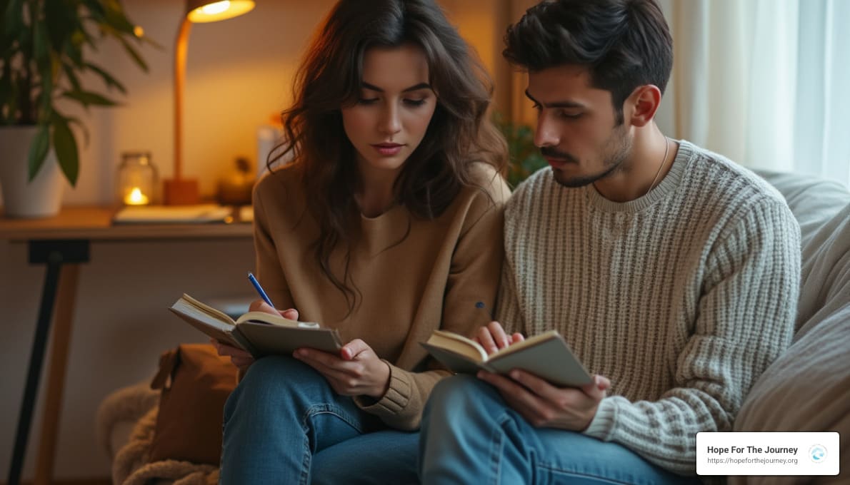 A couple writing together in a cozy setting