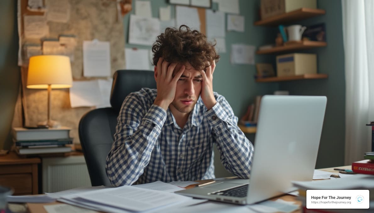 A person at a desk looking stressed and overwhelmed