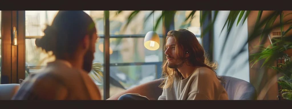 Two people in an intimate conversation in warm light surrounded by greenery